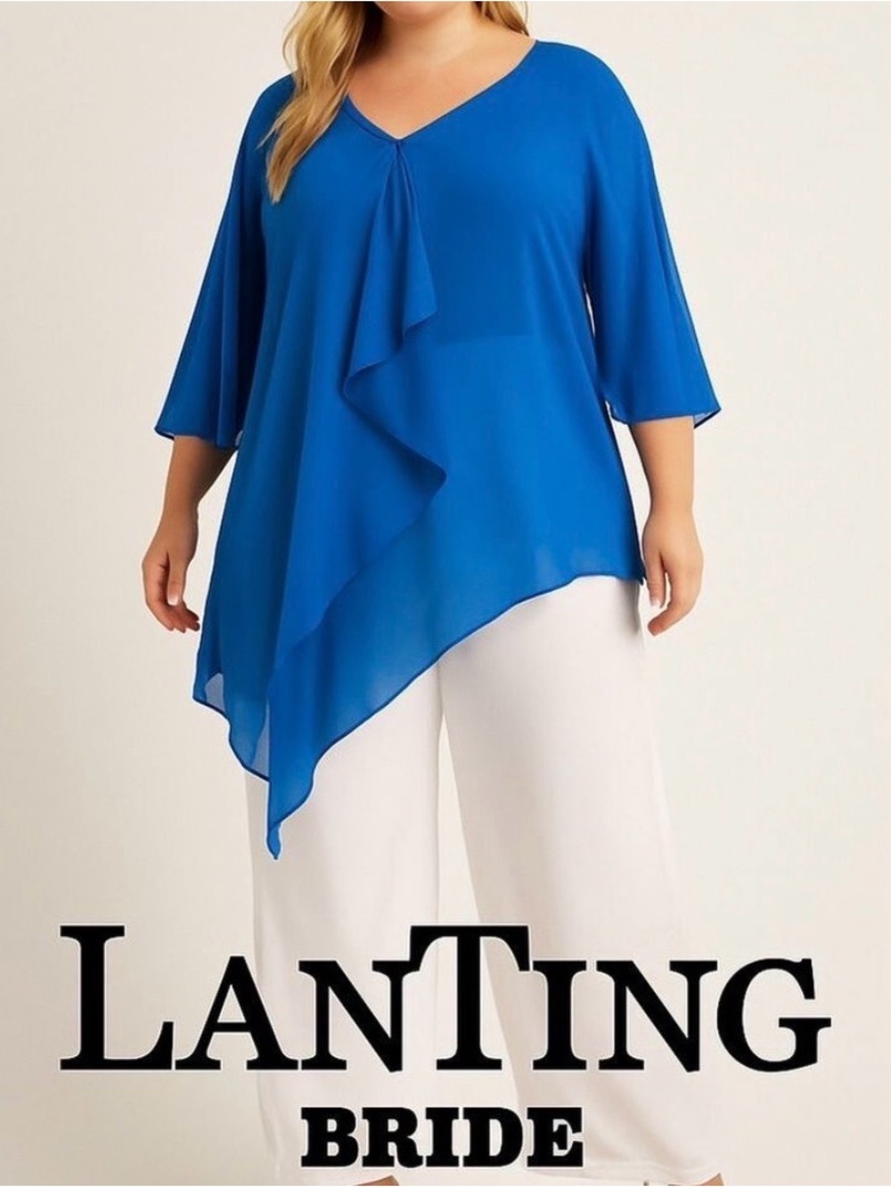 LT Lanting Bride Blue Chiffon Plus  2X Asymmetric Blouse Resort Poolside Chic